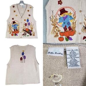 Vintage Bobbie Brooks Sweater Vest Fall Pumpkin Scarecrow Size XL Beige